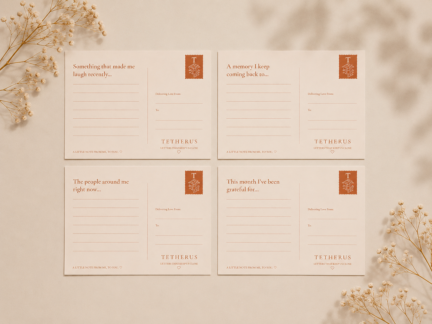 Four TetherUs Post cards prompts