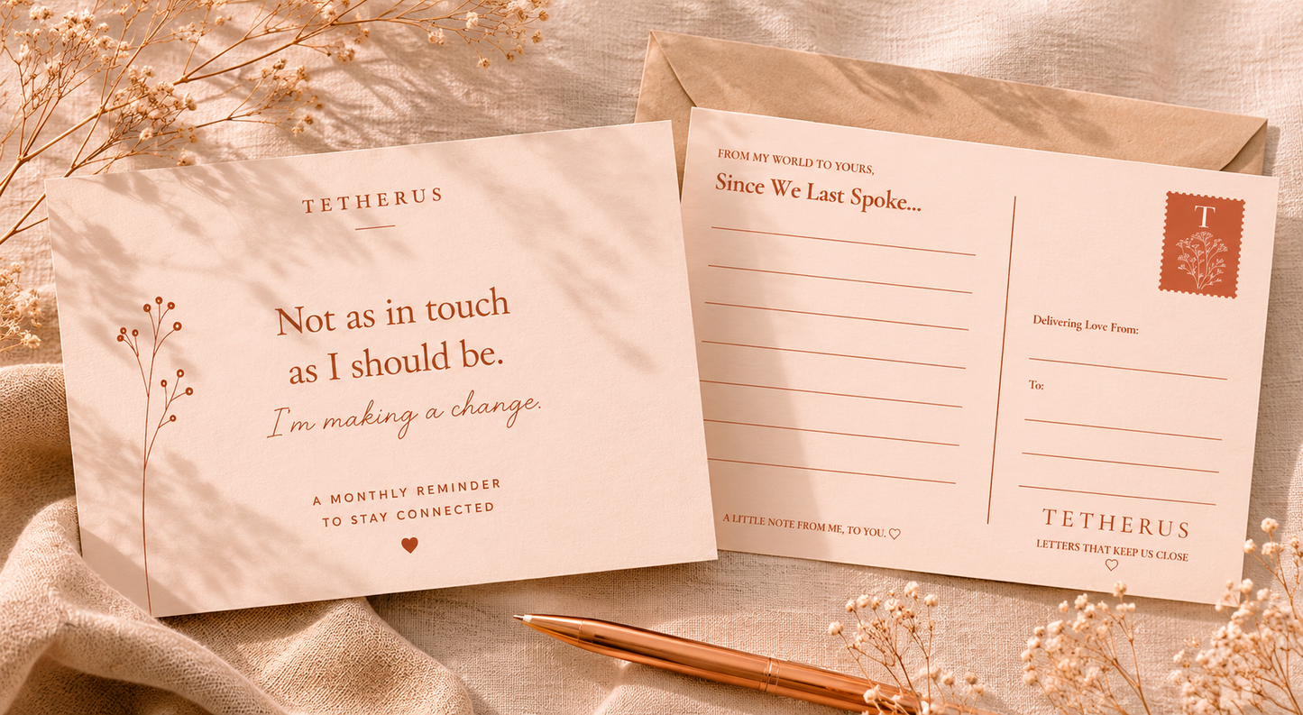 Tetherus greeting card and postcard set with a pen on a textured surface.